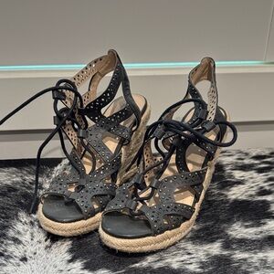 Not Rated Black Lace-Up Espadrille Wedges